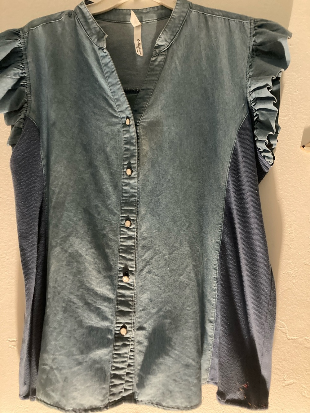 NY Collection Washed Denim look Button-Front Ruffle Sleeve Top with Navy Panels